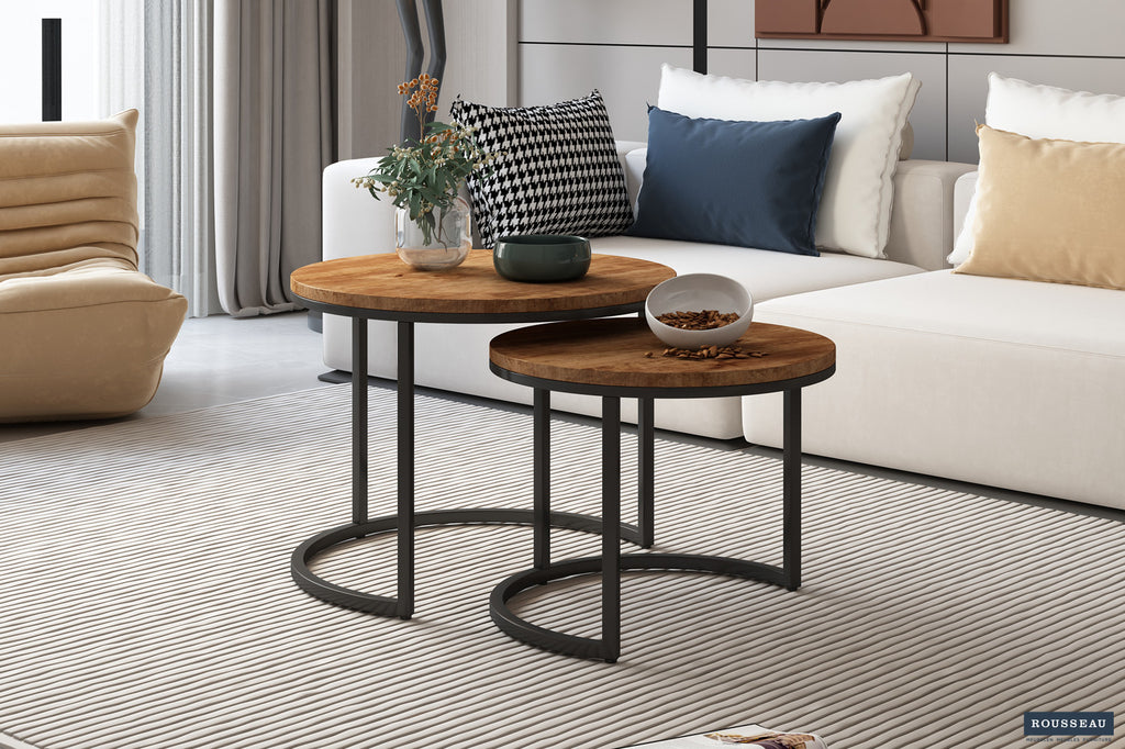 Rousseau Goja Salontafel – 2-delig Mango Hout – Zwart – Ø60/50 x H45/38 cm